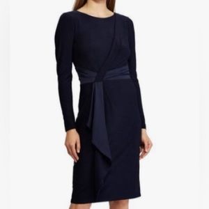 NWT!  RALPH LAUREN Navy Shirred Satin Waist Drape Sash Sheath Dress 12